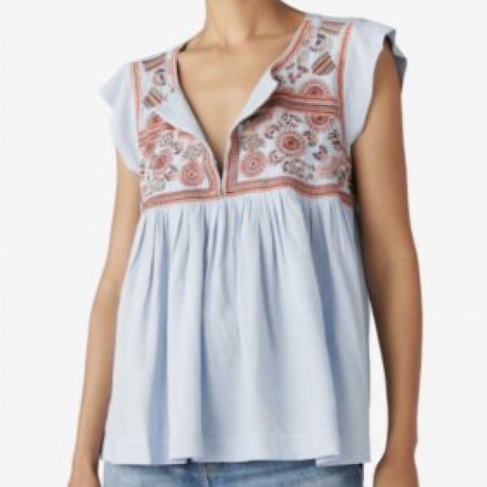 Lucky Brand Womens M Embroidered Tunic Top Blue Stripe Boho Summer Festival